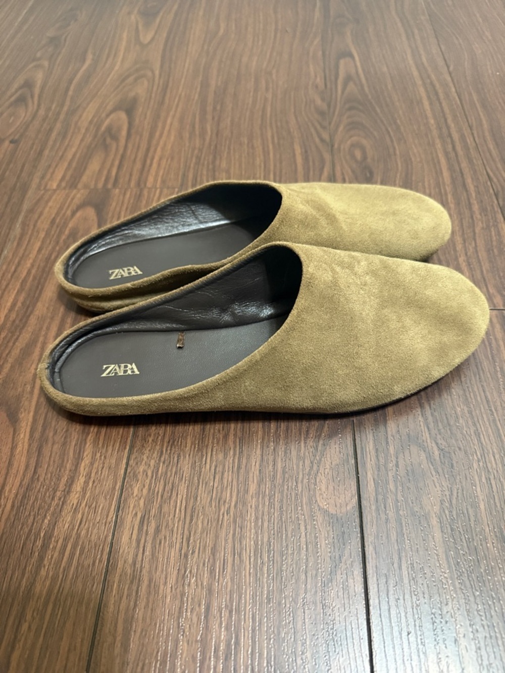 ZARA Brown Suede Mule Flats Slip On Minimalist Leather Slides Size 39